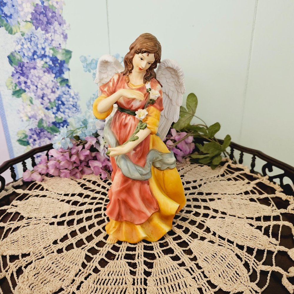 Vintage Grandeur Noel Hand-Painted Porcelain Angel with Flowers, O'Well c. 1997